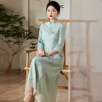 Aukštos Kokybės Naujas Vasaros Kinų Stiliaus Plonas Qipao Stovėti Apykaklės Retro Siuvinėjimo Chrizantemų Lady Paplūdimio Suknelės S-XXL