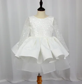 Baltos spalvos Nėrinių Blizgančiais ilgomis rankovėmis Tiulio Gėlių Mergaičių Suknelės Mados Konkurso Suknelės, Komunijos Suknelės Mergaitėms