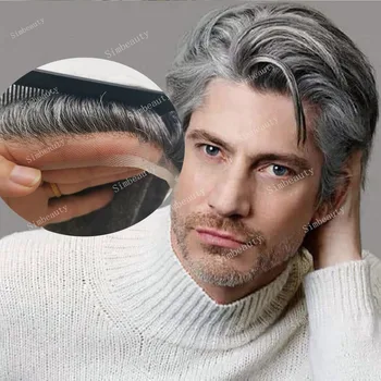 Gamtos Valsčiaus Balinimo Mazgas Plaukų Protezavimas K6 Kvėpuojantis Šveicarijos Nėrinių Priekyje & PU Hairpiece 100% Žmogaus Plaukų Pilka Toupee Vyrams