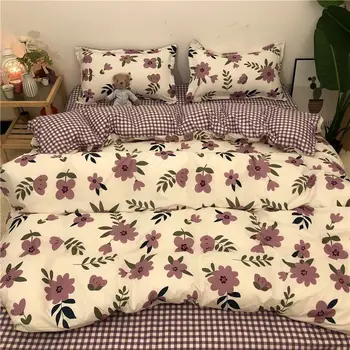 Gėlių Patalynės Komplektas Minkštas Namų Tekstilės Twin Karalienės Dydžio Poliesteris Plokšti Lova Lapas Antklodė Padengti Užvalkalai Violetinė Gėlė Antklode Padengti
