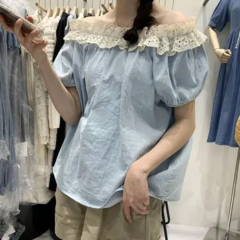 Iyundo 2023 Korėjos Prašmatnus Vasaros Moterų Marškinėliai Nėrinių Spliced Trumpas Rankovės Džinsinio Marškinėliai Išjungti Peties Burbulas Rankovėmis Doll Marškinėliai Viršų