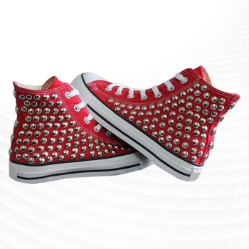 Raudona high-top drobė batai kniedės sporto patogiai vaikščioti pėsčiomis rankų darbo kniedės neutralus vulkanizuoto avalynė 35-46