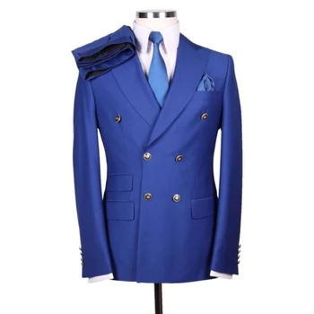 Royal Blue vyriški Kostiumai Dvigubo Breasted Slim Fit Oficialias Vestuves Kostiumai Groomsmen Švarkas Kelnės 2 vnt Terno Masculino