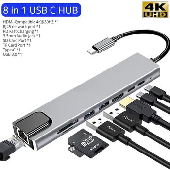 USB C Hub C Tipo HDMI 4K Splitter Adapteris su RJ45 SD/TF Kortelių Skaitytuvas PD Greitai už 