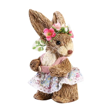 Velykų Šiaudų Triušis Ornamentu Kūrybos Dirbtinis Bunny Lėlės su Gėlių Vainikas Prijuostė Nuolatinis Statulėlės, Šventės atributas Namų Q1FD