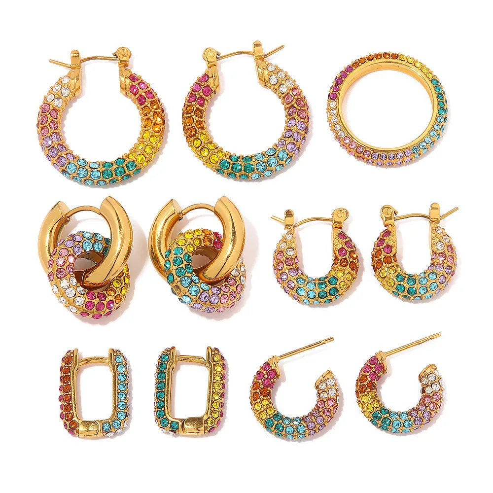 Naujas aukso spalvos žiedas ir auskarai nustatyti septyni spalvingi visą cirkonis aukso hoopas auskarai auskarai vyresnysis jausmą moterų papuošalai